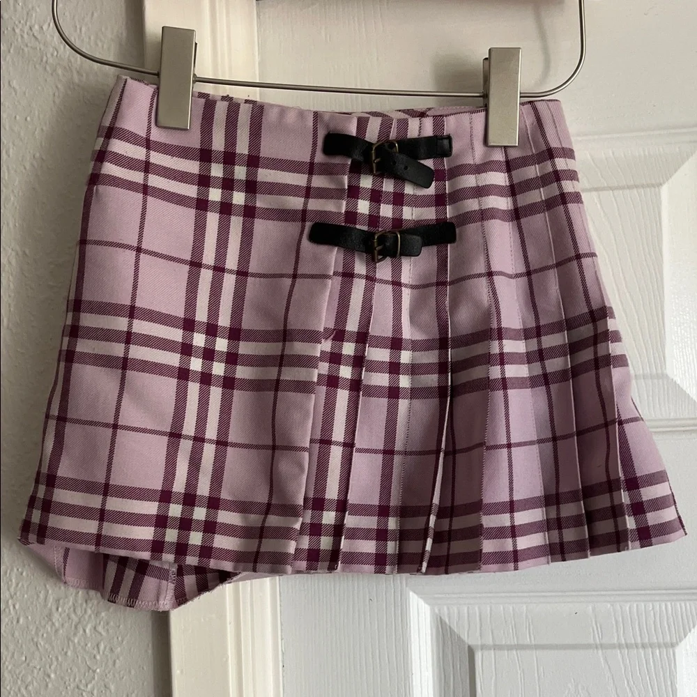 Burberry Girls Purple Plaid Pleated Wool Blend Mini Skirt